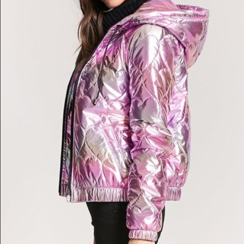 Iridescent Puffer Quilted Shiny Jacket Purple/Pink - Picture 1 of 3